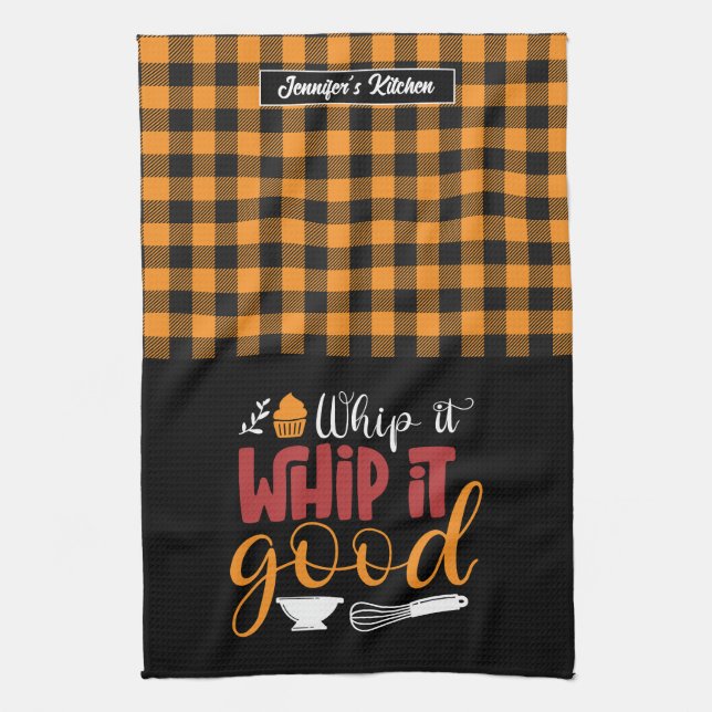 Funny Baking Pun Whip Es Gutes gelbes Kariertes Mu Geschirrtuch (Vertikal)