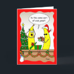 Funny Banana Christmas Card - Custom Holiday Cards Feiertagskarte<br><div class="desc">Suchen Sie lustige Weihnachtskarten für Bananen? Personalisieren Sie Ihre lustige Bananenurlaub Grußkarte mit Ihrer eigenen Nachricht. Sie können sogar ändern,  was die Zitat-Blase sagt! Diese fröhliche rote und grüne Comickarte enthält eine Banane,  die eine Weihnachtsmannmütze trägt und einen Laib Bananenbrot hält. Während der Feriensaison wird es sicher richtig lachen!</div>