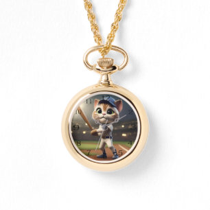 Funny Baseball Cat, Ladys Necklace Watch Armbanduhr