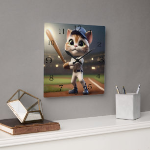 Funny Baseball Cat Quadratische Wanduhr