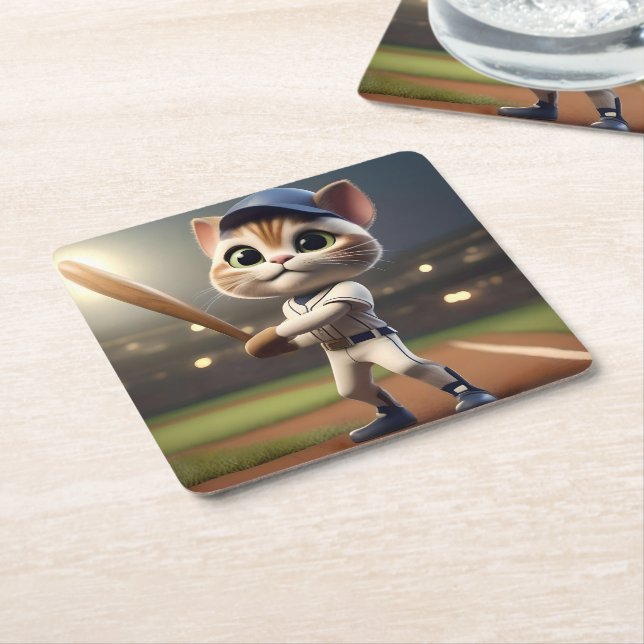 Funny Baseball Cat Rechteckiger Pappuntersetzer (angewinkelt)