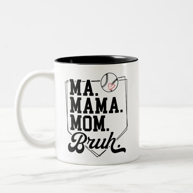 Funny Baseball Mama Bruh mit Teamname und Nummer Zweifarbige Tasse (Links)