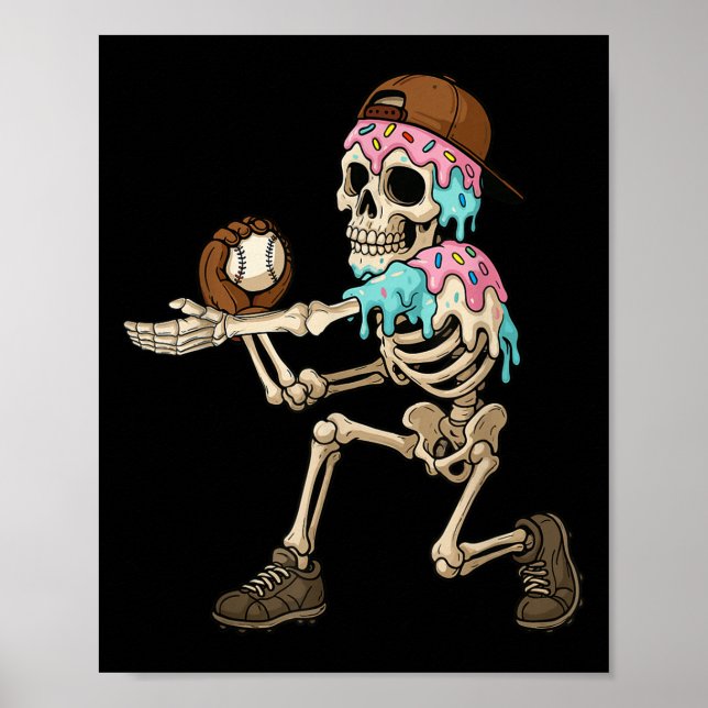 Funny Baseball Skeleton Ice Cream Drip Baseball Bo Poster (Vorne)