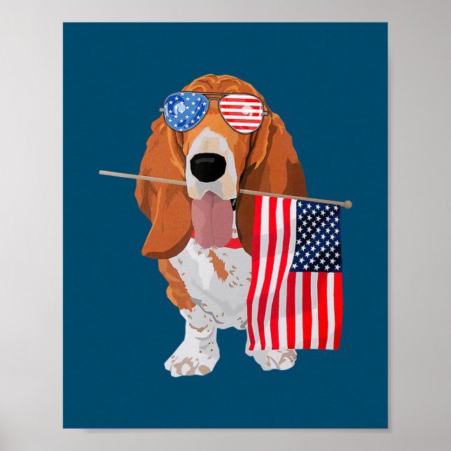 Funny Basset Hound American Flag Hund 4. Juli Poster (Vorne)