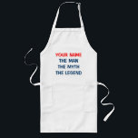 Funny BBQ apron for men | The man myth legend Lange Schürze<br><div class="desc">Funny BBQ apron for men with funny quote | The man the myth the legend. Cute gift idea for dad on Fathers Day. Personalizable text. Make one for your father, husband, grandpa, brother etc. Add your name. Blue and red color. Barbeque aprons in white beige and yellow, size short and...</div>