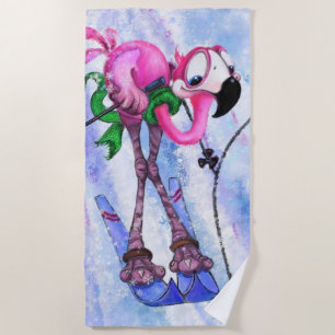 Funny Beach Handtuch mit rosa Flamingo Skier