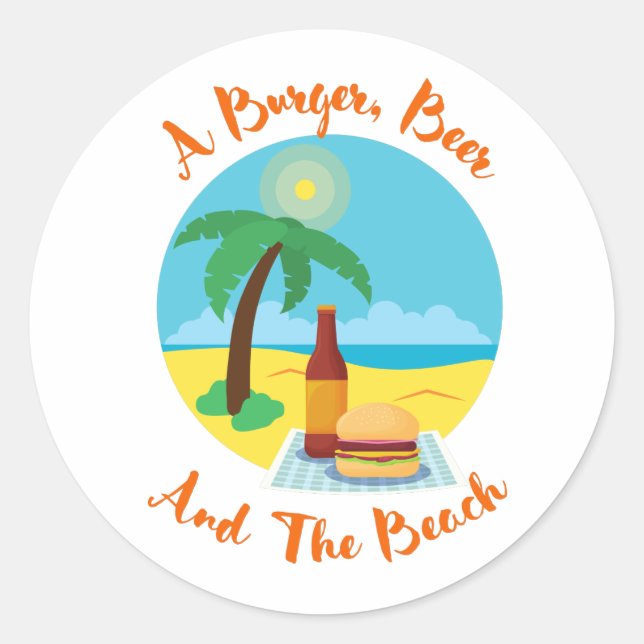Funny Beach Sommer - ein Burger, Bier und Strand Runder Aufkleber (Vorderseite)
