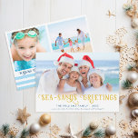 Funny Beach Weihnachtsküste Feiertagskarte<br><div class="desc">Schnelle und einfache Bestellung! Feiern Sie Weihnachten an der Küste oder gehen Sie zum Strand für die Ferien? Sie werden Ihren Freunden und Familienmitgliedern ein Lächeln bringen, wenn Sie ihnen diese "Sea-Sands Grußkarte" schicken. Mit einem lustigen Pun, dieses nautische Urlaubsdesign mit blauen Streifen, Goldtypografie und Raum für 3 Fotos. Diese...</div>