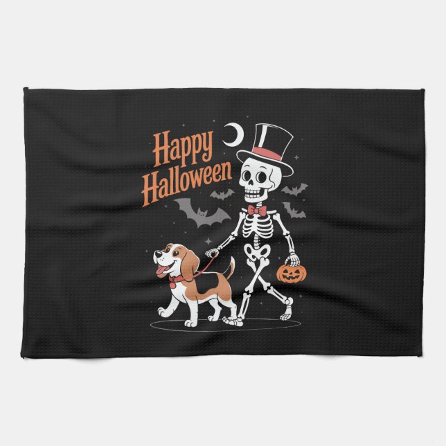 Funny Beagle Skeleton Dog Walking Geschirrtuch (Horizontal)