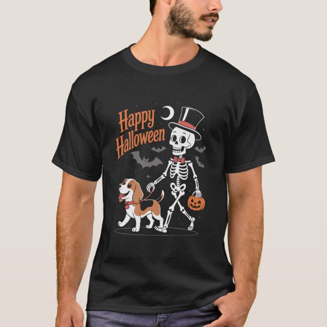 Funny Beagle Skeleton Dog Walking T-Shirt (Vorderseite)