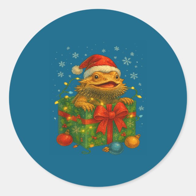 Funny Bearded Dragons Santa Christmas Tree Lights  Runder Aufkleber (Vorderseite)