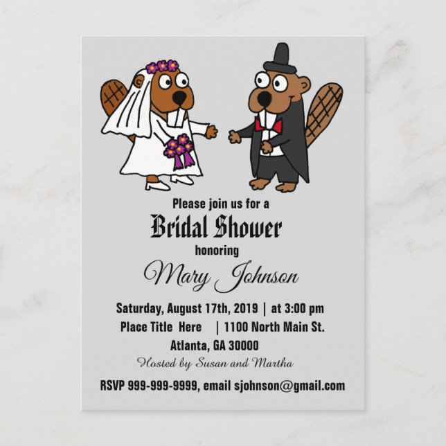 Funny Beaver Wedding Cartoon Einladungspostkarte (Vorderseite)