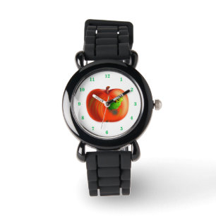 Funny beobachtet glücklichen Wurm in Red Apple Armbanduhr