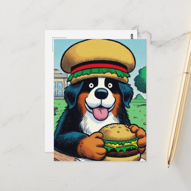 Funny Bernese Mountain Hund mit Cheeseburger Postkarte (Vorderseite/Rückseite Beispiel)