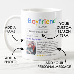 Funny Best Boyfriend Ever Search Ergebnis mit Foto Kaffeetasse<br><div class="desc">Ein lustiger Schlamm für Ihren Freund mit einem "Boyfriend search"-Logo und einem Single-Suchergebnis für "Best boyfriend ever" mit dem Namen Ihres Freundes, einem Foto, Ihrer persönlichen Nachricht und einer 5-Sterne-Bewertung. Wenn Sie Hilfe bei der Anpassung benötigen, schreiben Sie mir bitte den unten stehenden Button und ich werde Ihnen gerne helfen....</div>