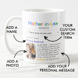 Funny Best Mother-in-Law Ever Search & Foto Kaffeetasse<br><div class="desc">Ein lustiger Schlamm für Ihre Schwiegermutter mit dem Logo "Schwiegermutter suchen" und ein Suchergebnis für Single "Beste Schwiegermutter aller Zeiten" mit dem Namen Ihrer Schwiegermutter,  einem Foto,  Ihrer persönlichen Nachricht und einem 5-Sterne-Rating.</div>