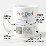 Funny Best Pet Vater je Suchergebnis mit Foto Kaffeetasse<br><div class="desc">Der lustige Schlamm für den phantastischen Papa in deinem Leben mit einem "Suche nach Begleiter"-Logo und einem Suchergebnis nach "Bestem (Tier-)Papa je",  mit dem Namen des Tiervaters,  einem Foto,  einer persönlichen Nachricht und einer 5-Sterne-Bewertung.</div>