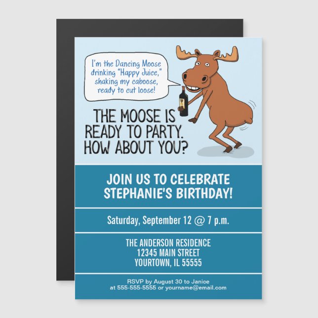 Funny Betrunken Dance Moose Geburtstagsparty Magneteinladung (Vorne/Hinten)