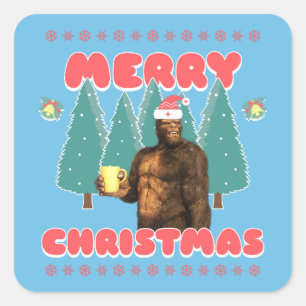 Funny Bigfoot - Frohe Weihnachten Quadratischer Aufkleber
