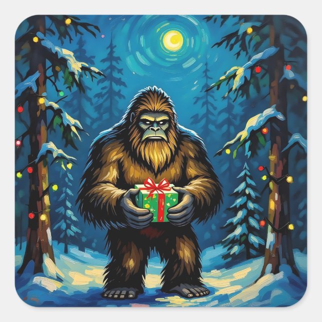 Funny Bigfoot holding a Christmas Gift Quadratischer Aufkleber (Vorderseite)