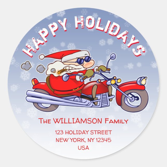Funny Biker Weihnachtsmann Rücksendeadresse Runder Aufkleber (Vorderseite)
