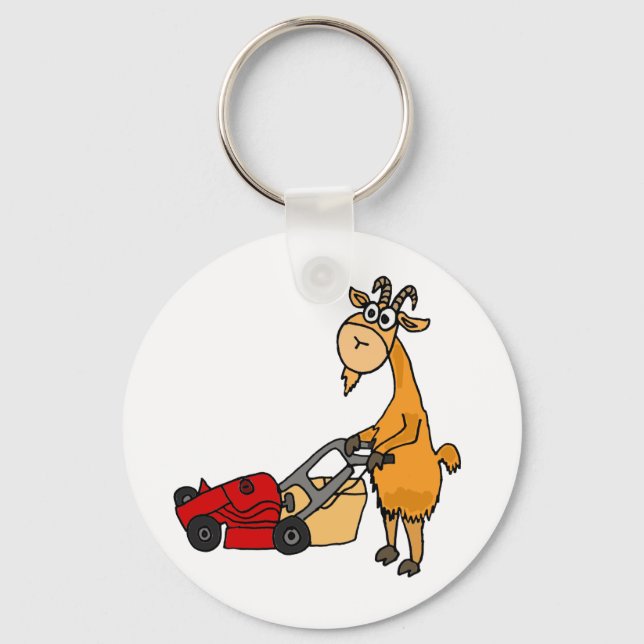 Funny Billy Goat Pushing Lawn Mower Cartoon Schlüsselanhänger (Vorderseite)