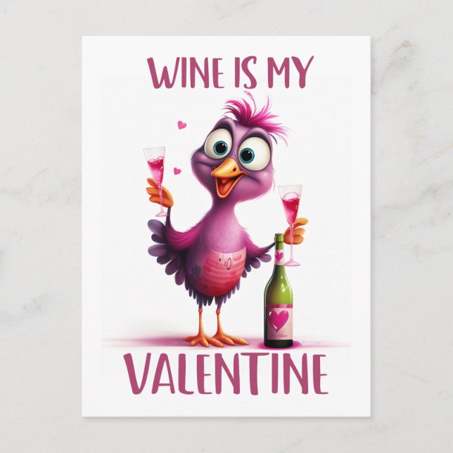Funny Bird Wein ist mein Valentine Postkarte (Vorderseite)