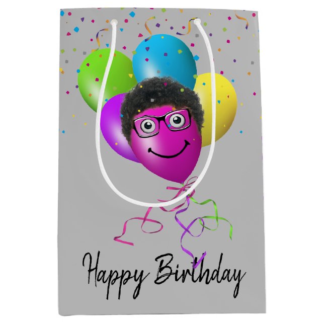 Funny Birthday Balloon Face on Gray Mittlere Geschenktüte (Vorderseite)
