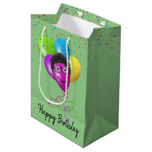 Funny Birthday Balloon Face on Green Mittlere Geschenktüte