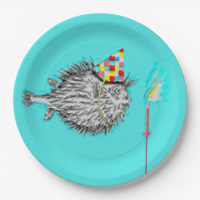 Funny Birthday Blowfish Party Pappteller (Vorderseite)