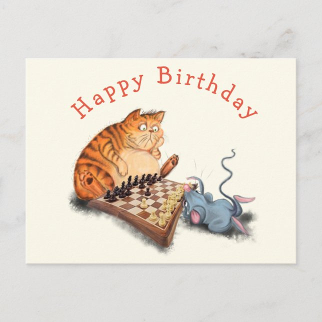 Funny Birthday Card Cat and Mouse Playing Schach Postkarte (Vorderseite)