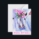 Funny Birthday Card mit rosa Flamingo Skier Mitteilungskarte<br><div class="desc">Glückliche Geburtstagskarte mit Funny Pink Flamingo Skier - Cartoon Zeichnend Comic Spaß glücklicher Vogel - Wählen / Fügen Sie Ihren einzigartigen Text / Name / Farbe - Make Your Special Gift - Neu vergrössern und verschieben oder entfernen und fügen Sie Elemente / Bild mit Anpassungs-Tool! - Zeichn und Design von...</div>