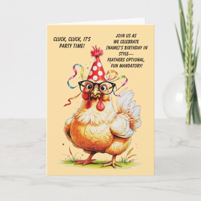 Funny Birthday Card mit stilvollem Huhn Einladung (Vorderseite)