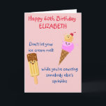 Funny Birthday Ice Cream Any Year Add Your Name Karte<br><div class="desc">Ice cream is always fun and we all love the sprinkles! Cheeky retro kawaii stil birthday greeting card with ice cream,  cone and popsicle. Easily personalized for any year and name using the template provided.</div>