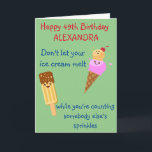Funny Birthday Ice Cream Sprinkles Spaß Kawaii Karte<br><div class="desc">Eiscreme macht immer Spaß und wir alle Liebe die Sprinklen! Cheeky Retro kawaii Stil Spaß Geburtstag Grußkarte mit Eis,  Kegel und Popsikel. Leicht personalisiert für jedes Jahr und jeden Namen mit der Vorlage.</div>