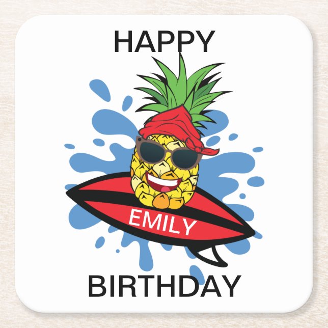 Funny Birthday Surfing Ananas Rechteckiger Pappuntersetzer (Vorderseite)