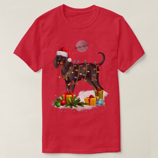 Funny Black and Tan Coonhound Hund Weihnachtslicht T-Shirt (Design vorne)
