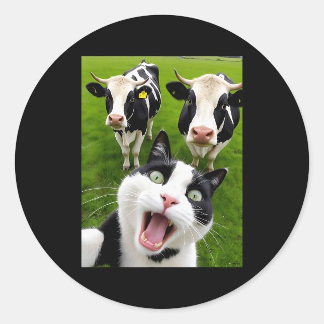 Funny Black And White Cat Cow Selfie  Runder Aufkleber (Vorderseite)