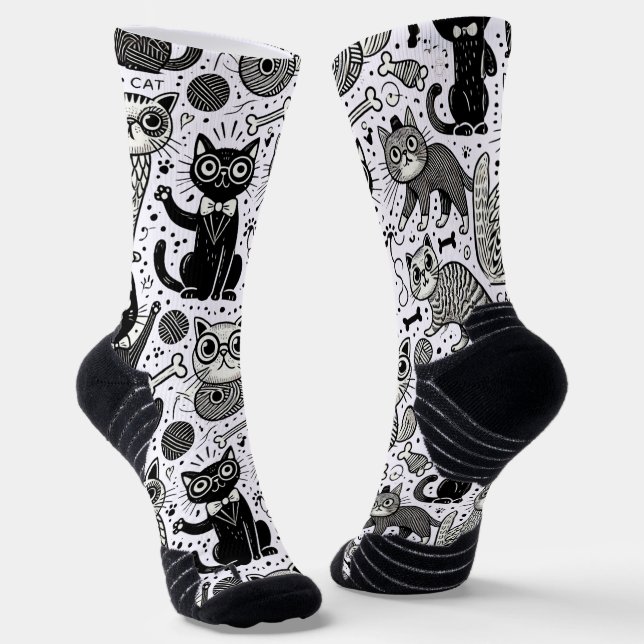 Funny Black and White Cat Pattern Socken (Gewinkelt)