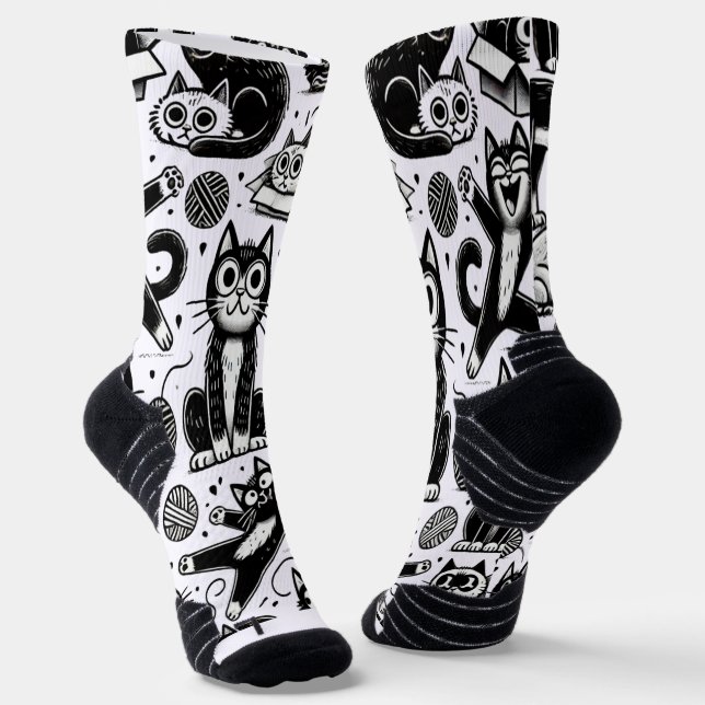 Funny Black and White Cat Pattern Socken (Gewinkelt)