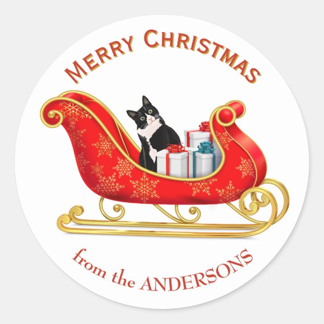 Funny Black and White Cat Weihnachten Schlitten Runder Aufkleber (Vorderseite)