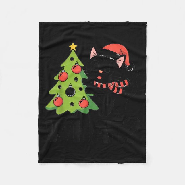 Funny Black Ca Pushing Christmas Tree Over Cat Wha Fleecedecke (Vorderseite)