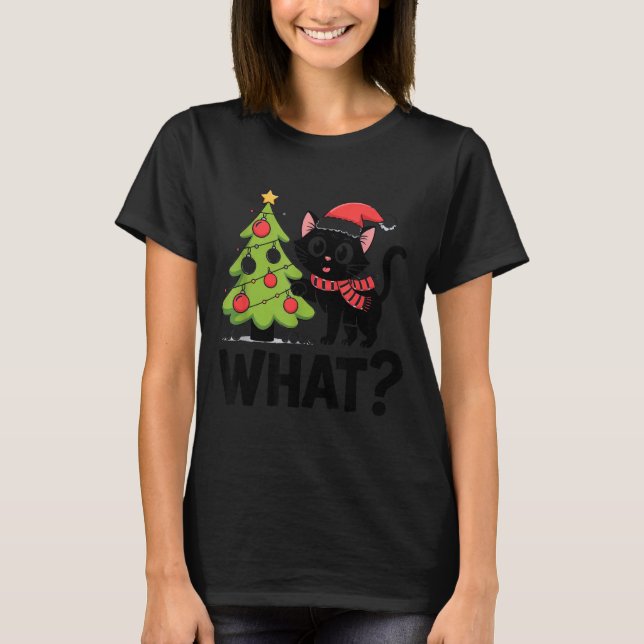 Funny Black Ca Pushing Christmas Tree Over Cat Wha T-Shirt (Vorderseite)