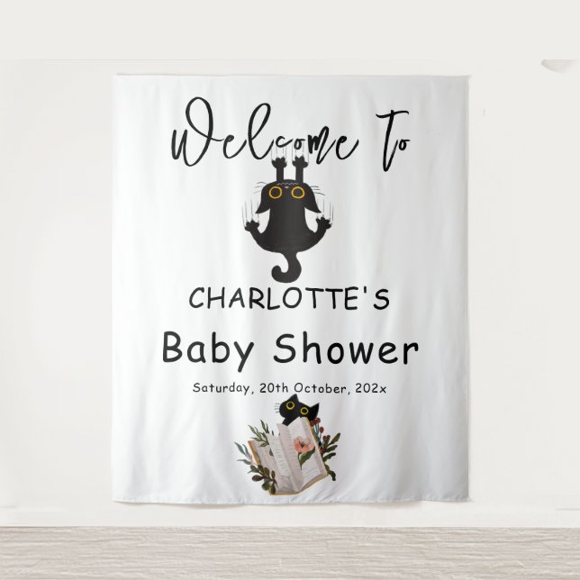 Funny Black Cat and Book Baby Dusche Hintergrund Wandteppich (Vorderseite)