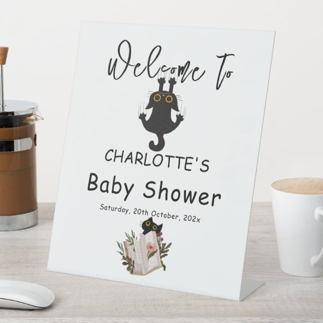 Funny Black Cat and Book Baby Dusche Willkommen Sockelschild (In Situ)