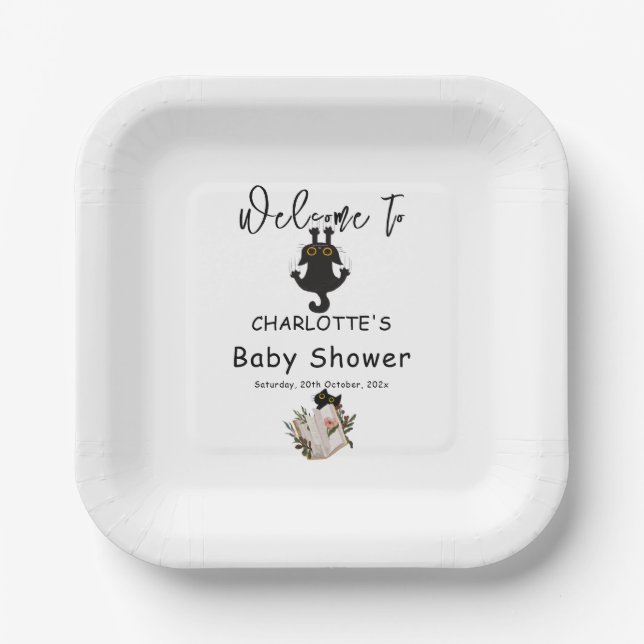 Funny Black Cat and Book Baby Shooter Pappteller (Vorderseite)