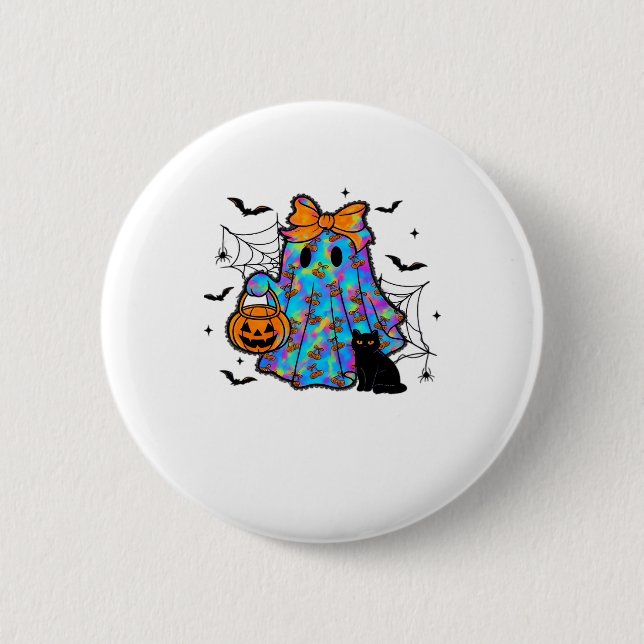 Funny Black Cat and Ghost Halloween Essential T-Sh Button (Vorderseite)