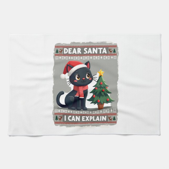 Funny Black Cat Christmas Dear Santa, I Can Explai Geschirrtuch (Horizontal)