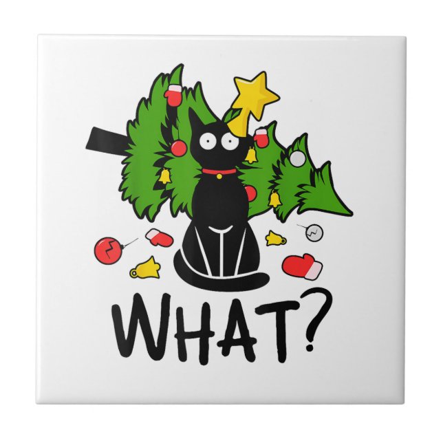 Funny Black Cat Christmas Tree Merry Santa Humor C Fliese (Vorderseite)