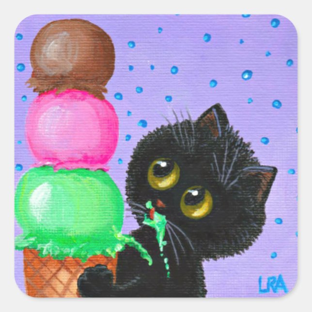 Funny Black Cat Creationarts Square Sticker (Vorderseite)